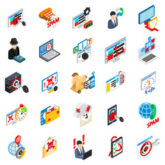 Cyber attack icons set. Isometric set of 25 cyber attack vector icons for web isolated on white background