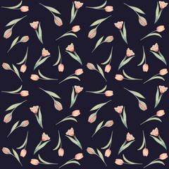 Seamless pattern hand-drawn watercolor. Spring pink tulips
