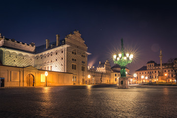 Historical center of Prague at night. Hradcanske namesti.