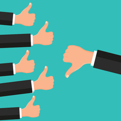 Many hands with thumbs up but get one dislike feedback from the boss or customer, complaining to businessman concepts flat style vector illustration