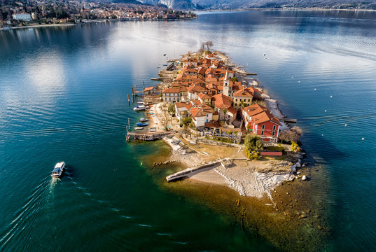 Aerial view of Fishermens Island or Isola dei Pescatori at Lake Maggiore, is one of the Borromean Islands in Piedmont of north Italy, Stresa, Verbania