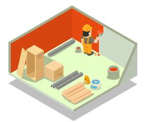 Room repair concept banner. Isometric banner of room repair vector concept for web, giftcard and postcard