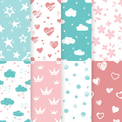 Vector set of 4 background seamless patterns in pale blue and pink colors.