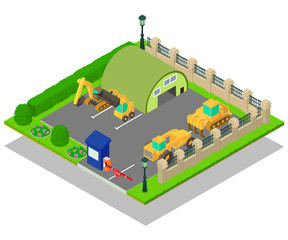 Construction machinery concept banner. Isometric banner of construction machinery vector concept for web, giftcard and postcard