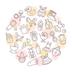 Fototapeta premium Circular background of children themes with toys, clothes and other elements on the theme of children. Registration of a nursery, cards and various ornaments for children.