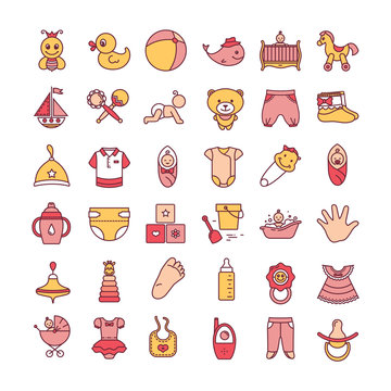 Colorful baby toys and clothes icon set isolated on a white background.