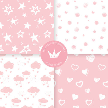 Vector set of 4 background seamless patterns in pink colors. Good for children room, birthday, notes, greeting cards, gift wrapping, surface textures.
