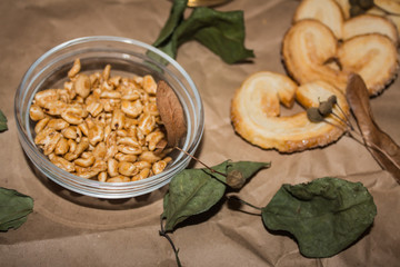 airy rice and cookies on a brown background