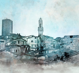 Siena skyline - Ink, pencil and watercolor sketch - obrazy, fototapety, plakaty