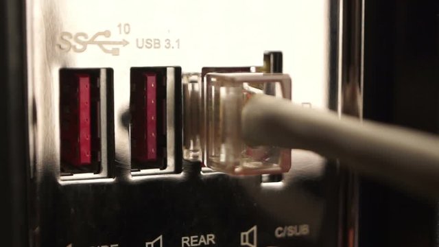 Connecting the Internet cable to the computer, close-up
