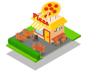 Pizza place concept banner. Isometric banner of pizza place vector concept for web, giftcard and postcard
