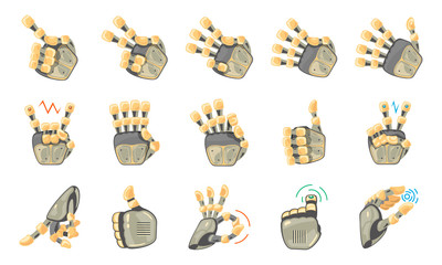 Robot hand gestures. Robotic hands. Mechanical technology machine engineering symbol. Hand gestures set. Futuristic design. Big robot arm. Signs. Vector illustration on the white background.