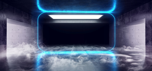 Sci Fi Rectangle Frame Shaped Neon Background Glowing Concrete Cyberpunk White Blue Grunge Reflective Texture Underground Tunnel Corridor Garage Studio Lights 3D Rendering