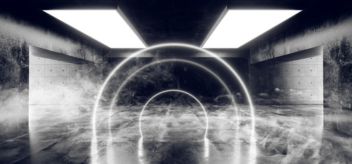 Smoke Sci Fi Circle Arc Shaped Neon Background Glowing Concrete Cyberpunk White Blue Purple Grunge Reflective Texture Underground Tunnel Corridor Garage Studio Lights 3D Rendering