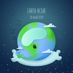 Obraz premium cute funny sleeping earth character on a pillow with a sleeping mask and clouds in a space background as an earth hour banner