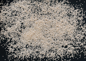 White sesame seeds on black textured paper background. Close up, copy space, top view.