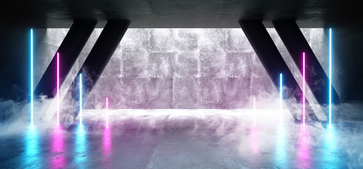 Smoke Sci Fi Neon Background Glowing Concrete Cyberpunk Purple Blue Ultraviolet Grunge Reflective Texture Underground Tunnel Corridor Garage 3D Rendering
