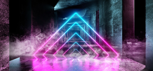 Smoke Sci Fi Purple Neon Background Futuristic Empty Alien Spaceship Tunnel Underground Garage Gallery Room With Triangle Shaped Lights Glowing Blue On Concrete 3D Rendering