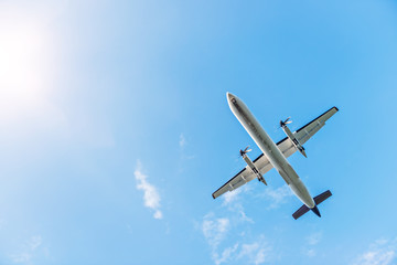 Propeller aircraft photographed from below