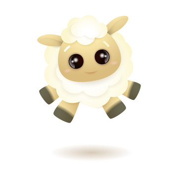 Cute White Sheep Jumping Up Isolated On A White Background