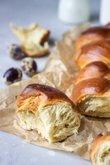 Traditional Easter bread (Challah or  Cozonac). Freshly baked sweet braided bread loaf. 