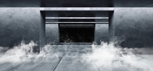 Smoke Fog Steam Grunge Concrete Modern Empty Space Garage Underground Tunnel Gallery White Glowing Shadows Dark And Bright Tiled Floor 3D Rendering