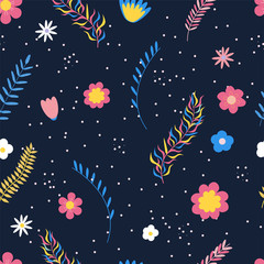 Summer floral seamless pattern. Flowers and branches in bright colors. Vector illustration