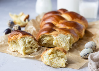 Traditional Easter bread (Challah or  Cozonac). Freshly baked sweet braided bread loaf. 