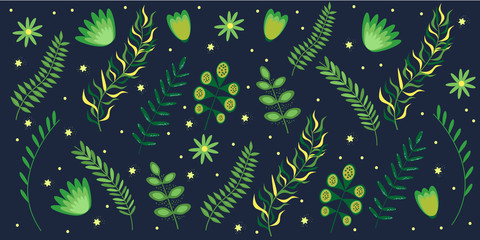 Summer floral banner pattern Flowers and branches in dark bright colors. Vector illustration.