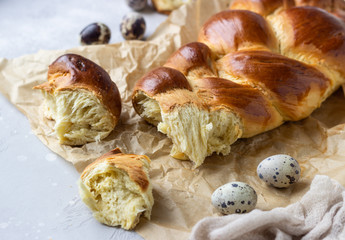 Traditional Easter bread (Challah or  Cozonac). Freshly baked sweet braided bread loaf. 