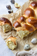 Traditional Easter bread (Challah or  Cozonac). Freshly baked sweet braided bread loaf. 