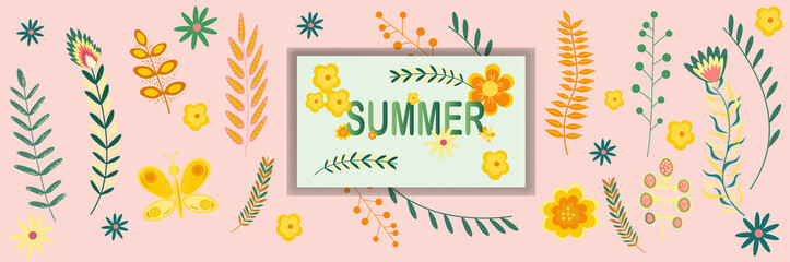 Summer floral banner pattern with the inscription Summer Flowers and branches in pastel colors. Vector illustration.