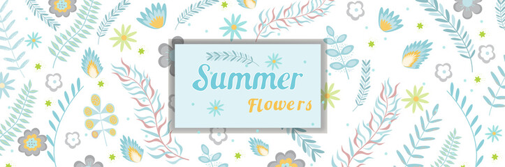 Summer floral banner pattern wiht frame copy space Flowers and branches in pastel colors. Vector illustration.