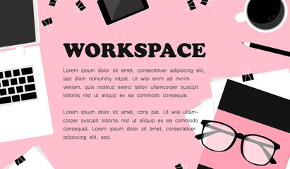 Workplace for business, management and IT. View from above. Laptop, mobile phone, notebook, glasses and office supplies on the pink desktop with text for place