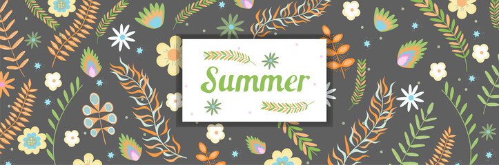 Summer floral banner pattern wiht frame copy space Flowers and branches in pastel colors. Vector illustration.