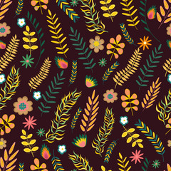 Summer floral seamless pattern. Flowers and branches in bright colors. Vector illustration.