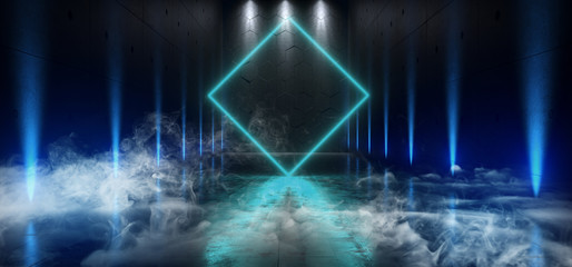 Smoke Fog Neon Background Large Hall Gallery Room Sci Fi Futuristic Underground Ship Portal Glowing Blue Reflections On Grunge Concrete Spotlights 3D Rendering