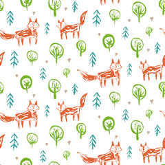 Childish seamless pattern with cute sketchy orange foxes in forest with firs and mushrooms. Childish woodland hand drawn foxy texture for kids design, wallpaper, textile, wrapping paper