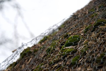 Wire mesh over moss, bark, reeds and twigs - close up thatch roof
