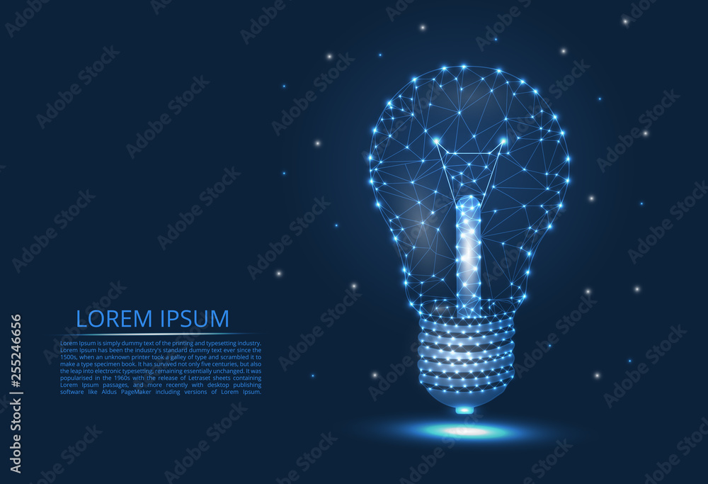 Poster abstract image of a light bulb of lines and triangles, dots, connecting the network on a blue backgr