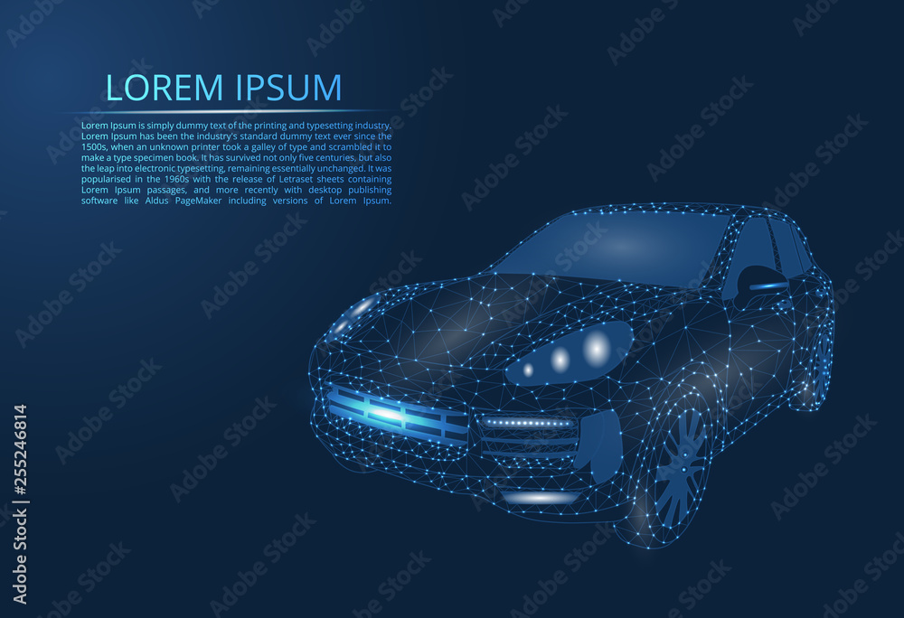 Poster abstract image of a car in the form of points and lines, triangles, broken glass. business vector