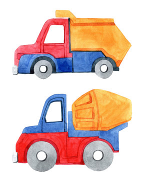 Watercolor set of cartoon car. Hand drawn illustration. Isolated on white background. Funny cartoon image. Travel conception.