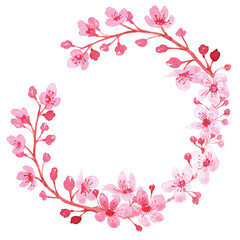 Fototapeta na wymiar Watercolor wreath with branch of delicate pink blooming flowers, bud and leaves isolated on white background. branch of cherry blossoms. 