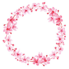 Watercolor wreath with branch of delicate pink blooming flowers, bud and leaves isolated on white background. branch of cherry blossoms. 