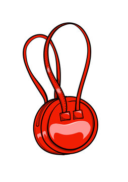 A round red glossy luxury bag in cartoon style. Vector illustration