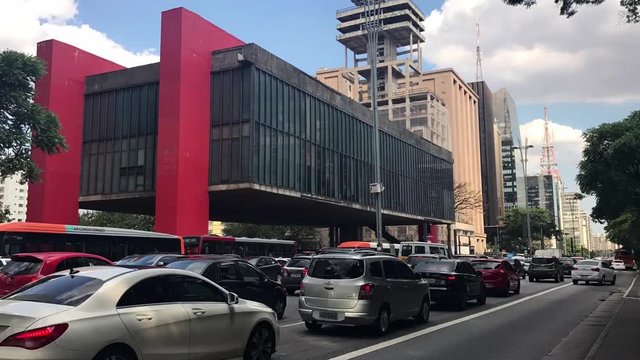 Car traffic at rush hour on Paulista Avenue, Sao Paulo city.