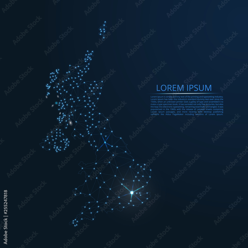 Poster united kingdom communication network map. vector low poly image of a global map with lights in the f