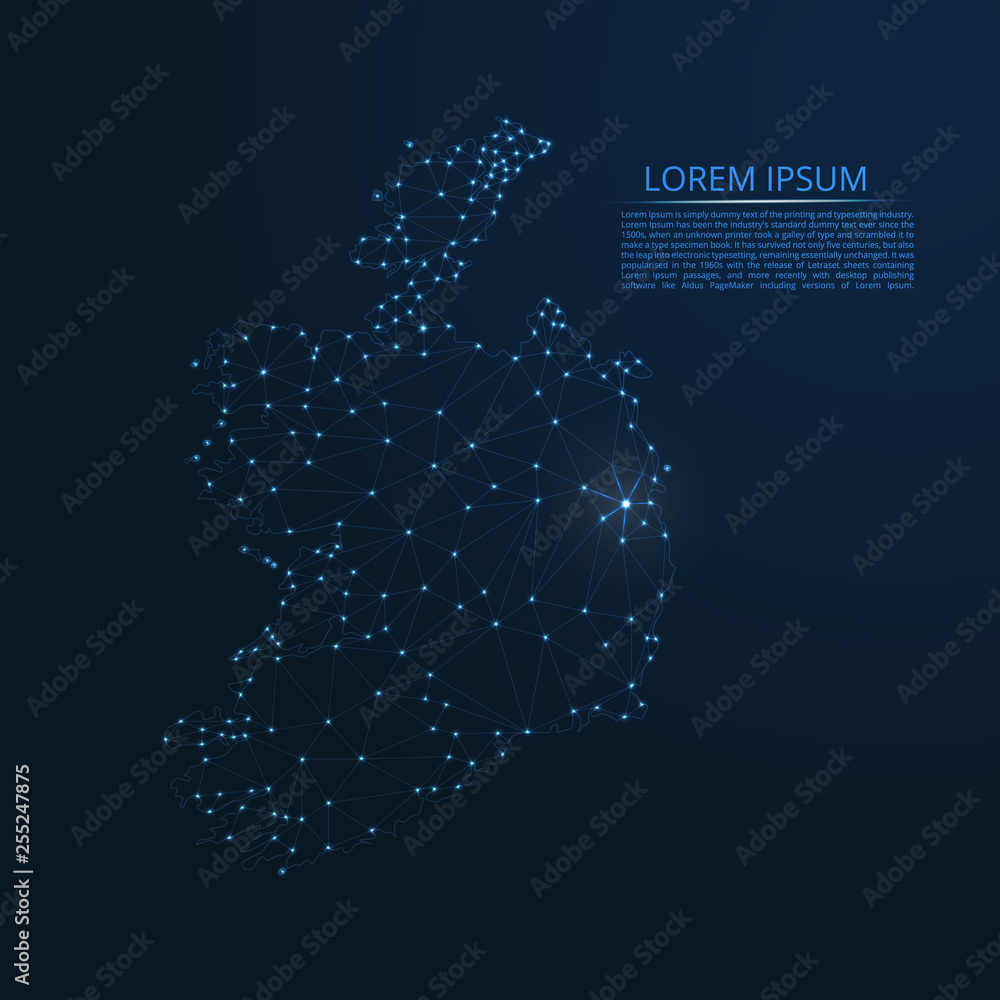Poster republic of ireland communication network map. vector low poly image of a global map with lights in 