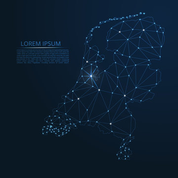 Netherlands communication network map. Vector low poly image of a global map with lights in the form of cities in or population density consisting of points and shapes in the form of stars and space.