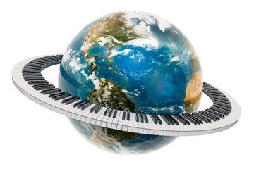 Earth Globe with piano keyboard around, music concept. 3D rendering © alexlmx